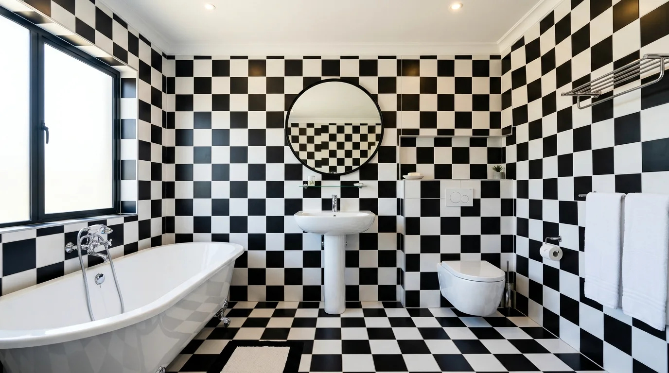 A bathroom with checkerboard tiles extending from floor to wall bright lighting bold geometric design no people