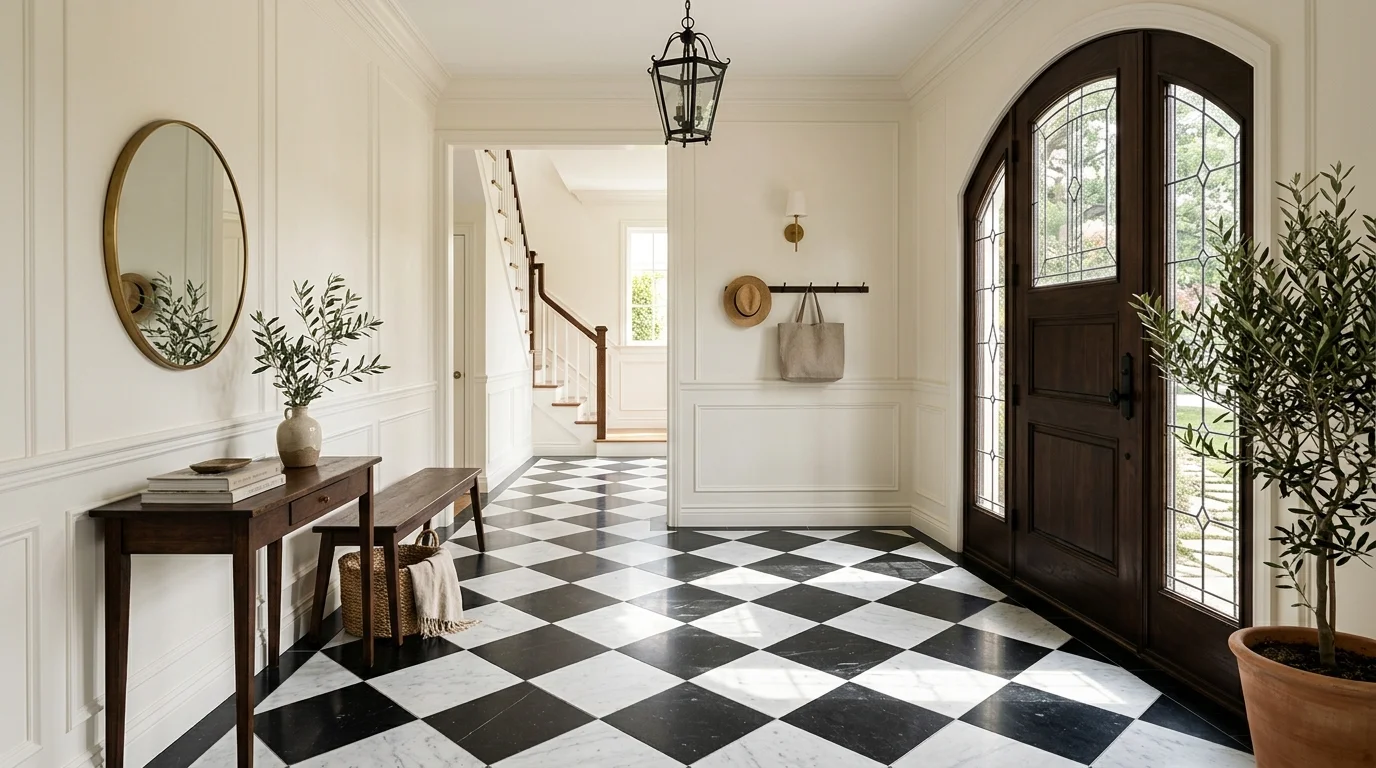 An entryway with a checkerboard tile floor and minimal decor bright natural daylight dramatic first impression no people