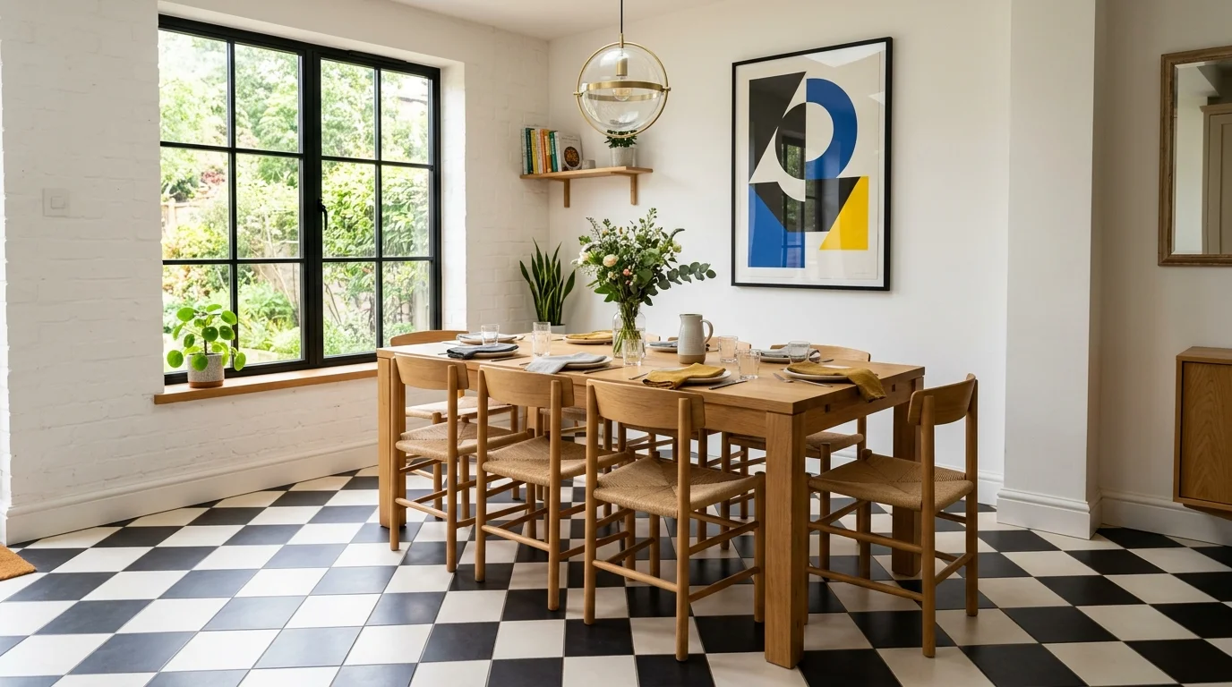 A dining space with checkerboard flooring paired with simple wooden furniture bright lighting stylish graphic contrast no people