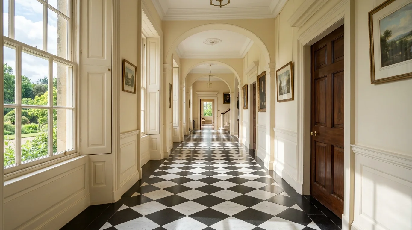 A hallway with checkerboard tiles leading through the space bright natural daylight dynamic visual flow no people
