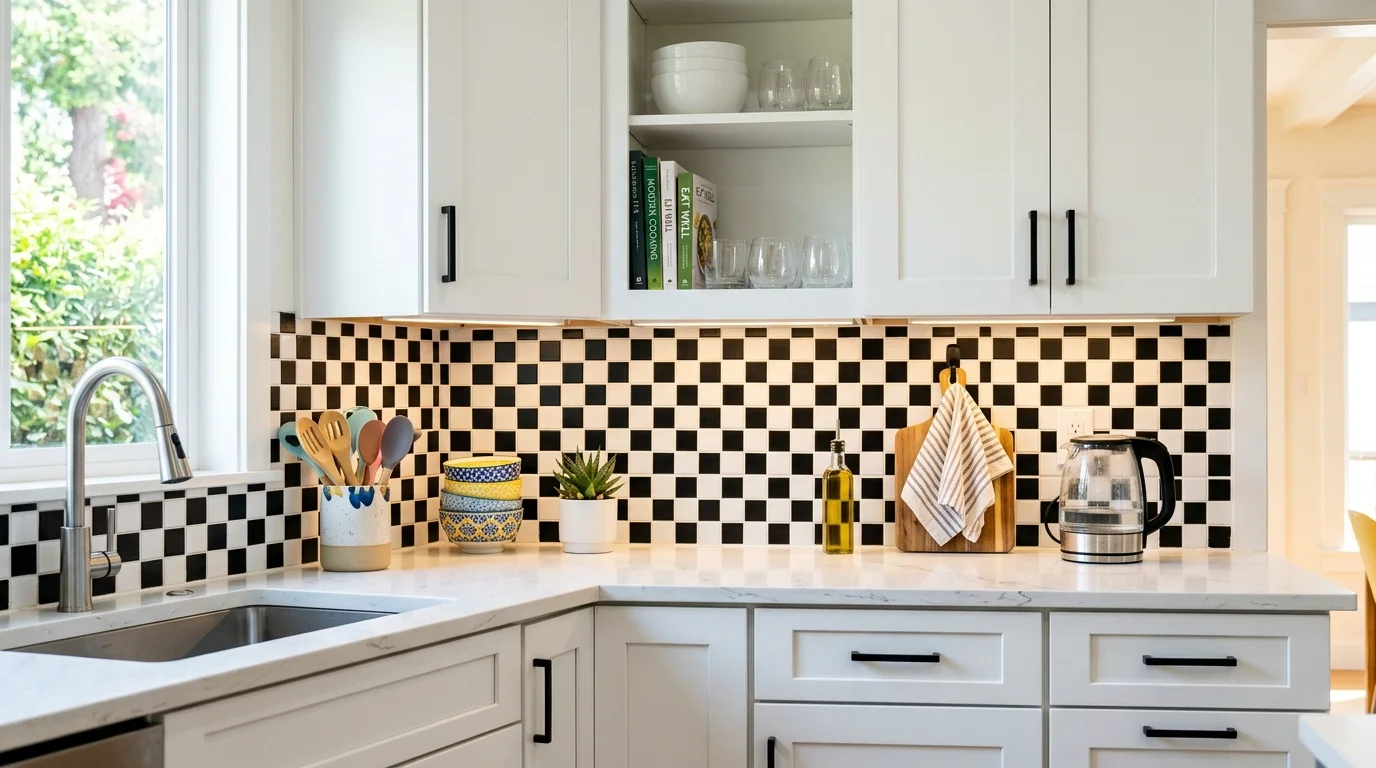 A kitchen backsplash with small checkerboard tiles paired with white cabinets bright lighting playful modern detail no people