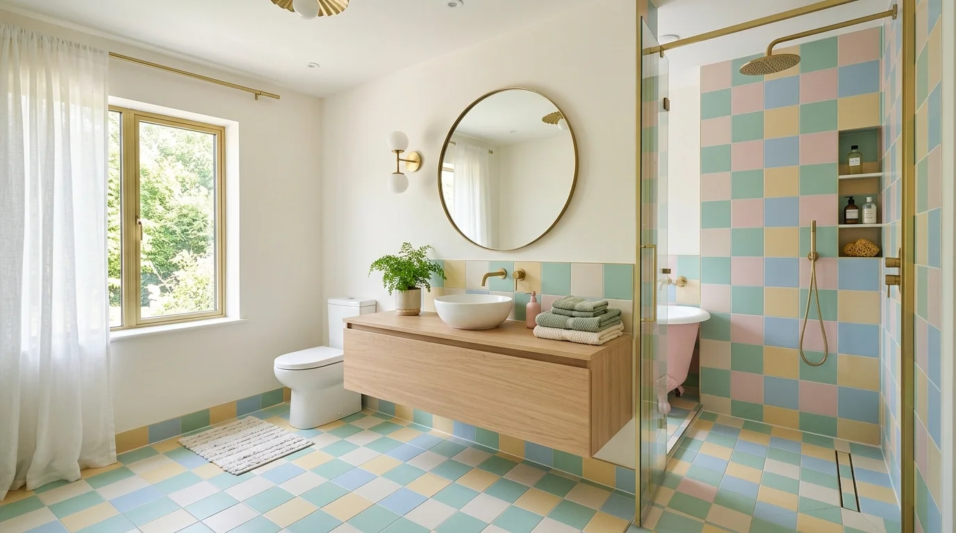 A bathroom with pastel colored checkerboard tiles creating a softer graphic look bright lighting unique stylish design no people