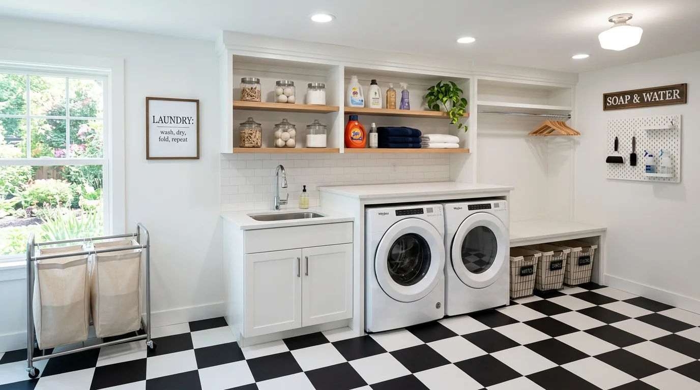 A laundry room with checkerboard tile flooring paired with simple decor bright lighting bold functional space no people