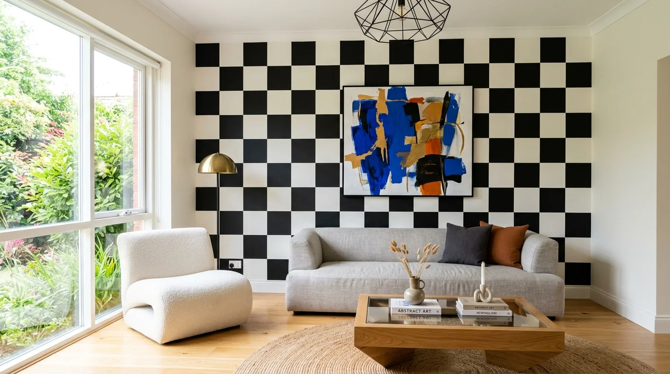A living room with a checkerboard accent wall paired with minimal furniture bright lighting artistic statement design no people