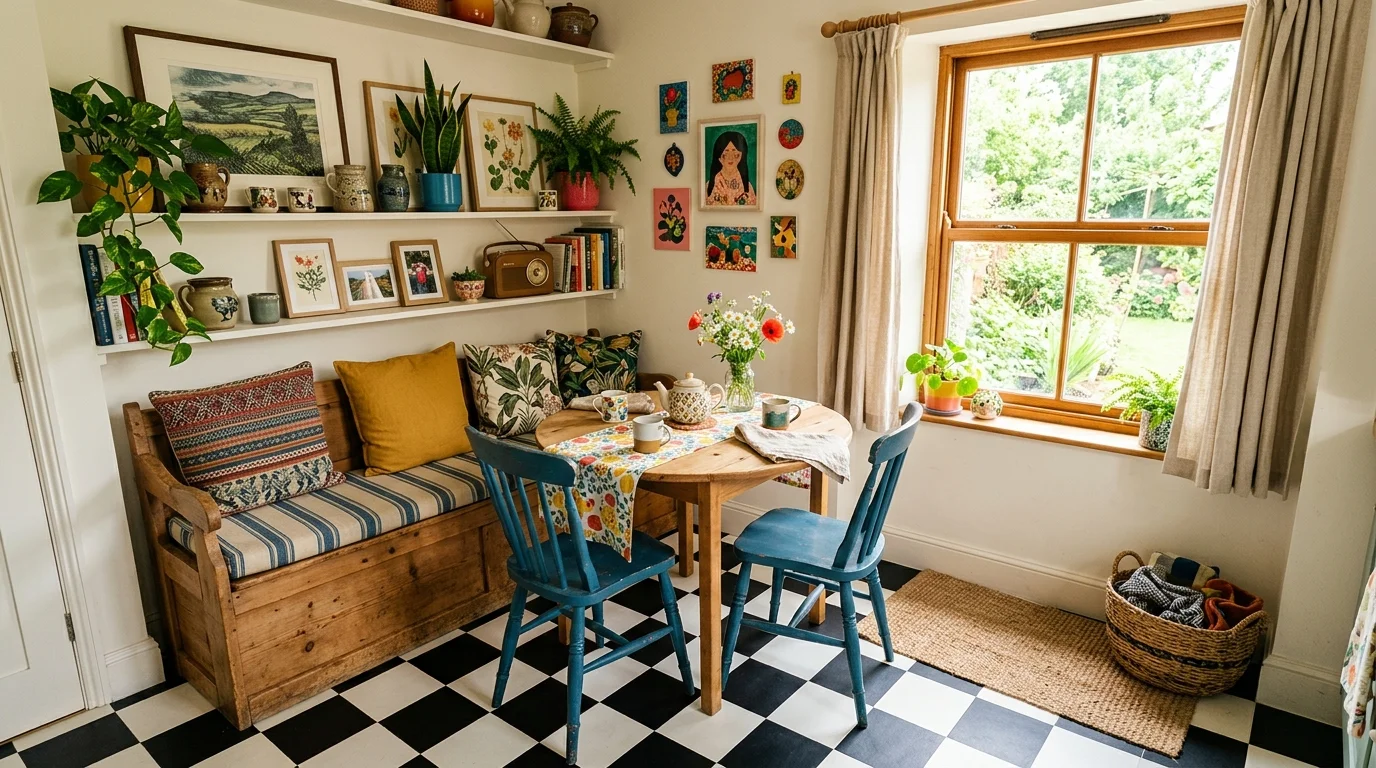 A small space with checkerboard tile flooring making the area feel lively bright natural daylight bold compact decor no people