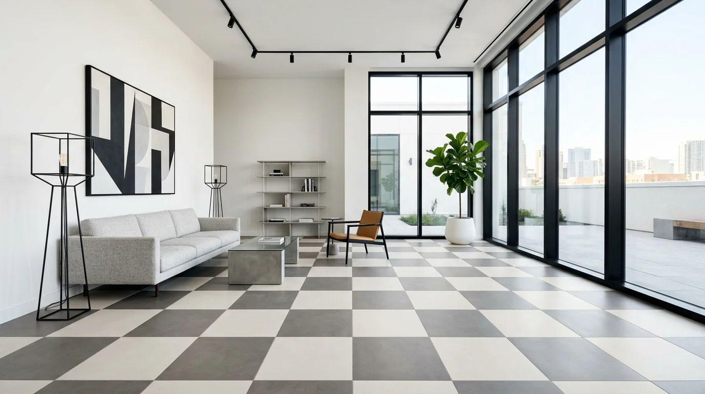 A modern room with large scale checkerboard tiles in neutral tones bright lighting contemporary graphic aesthetic no people