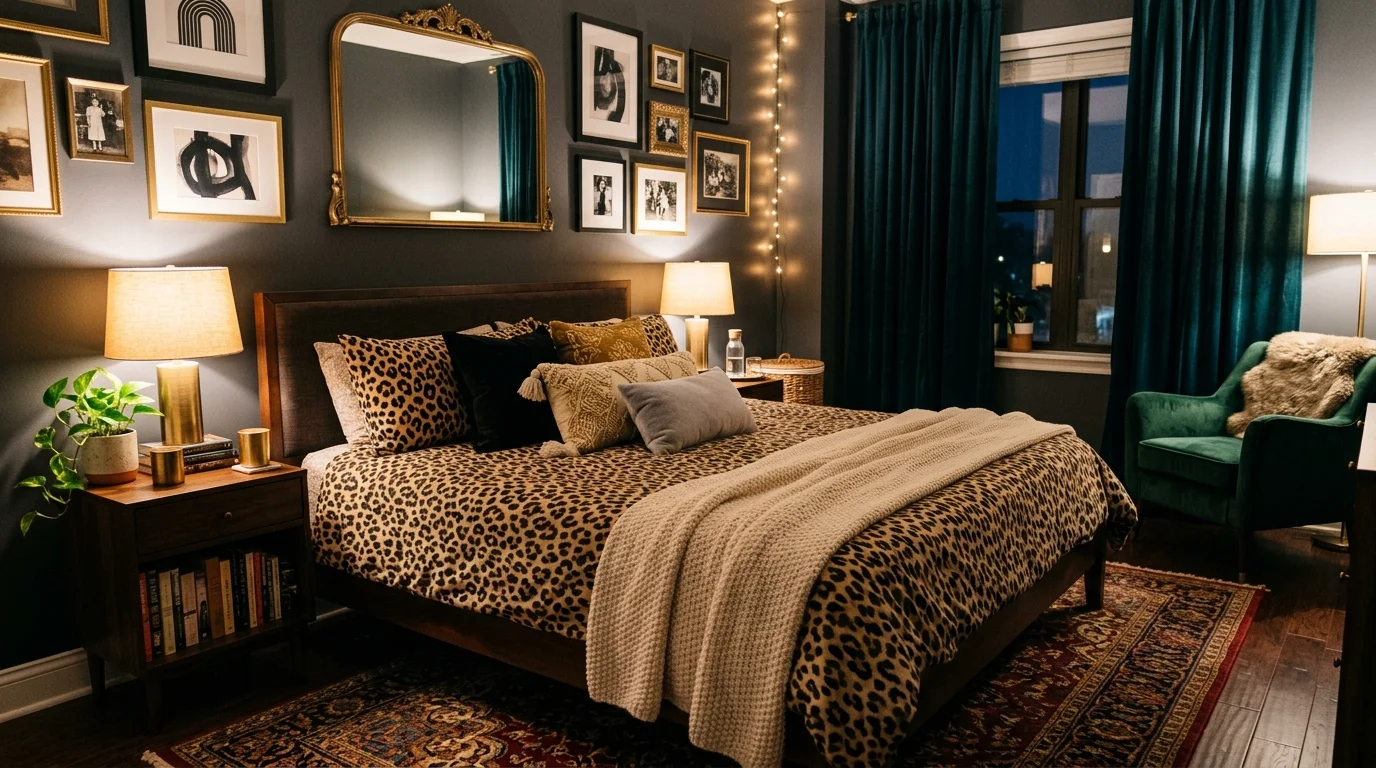 A bedroom with leopard patterned bedding layered with soft textiles warm ambient lighting cozy yet daring design no people