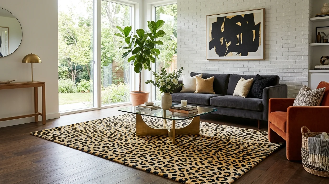 A space with a leopard print rug acting as a focal point bright lighting striking statement piece no people