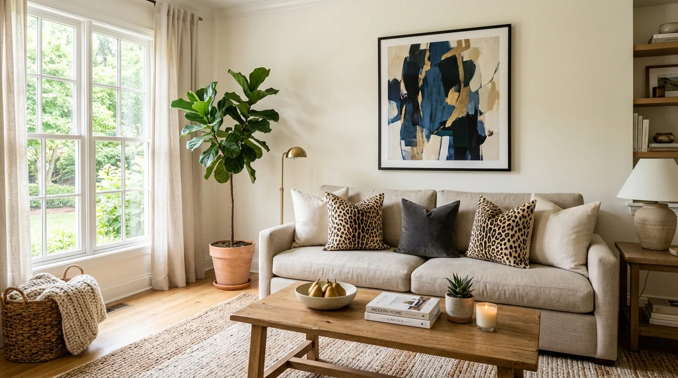 A room with leopard print throw pillows on a neutral sofa bright natural light subtle bold accent no people