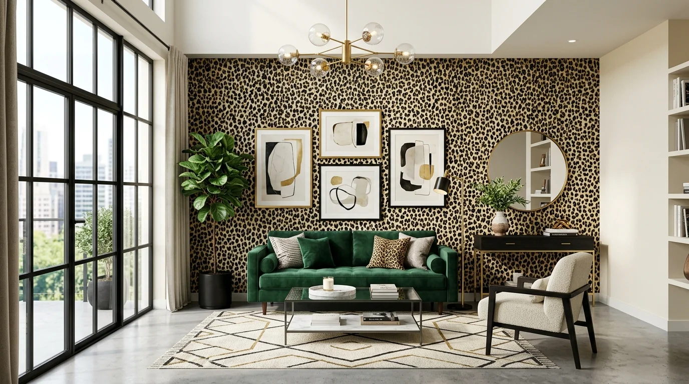 A modern space with a leopard patterned wallpaper accent wall bright lighting dramatic stylish look no people