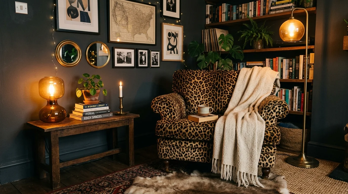 A cozy corner with a leopard print armchair and soft throw warm lighting inviting edgy vibe no people