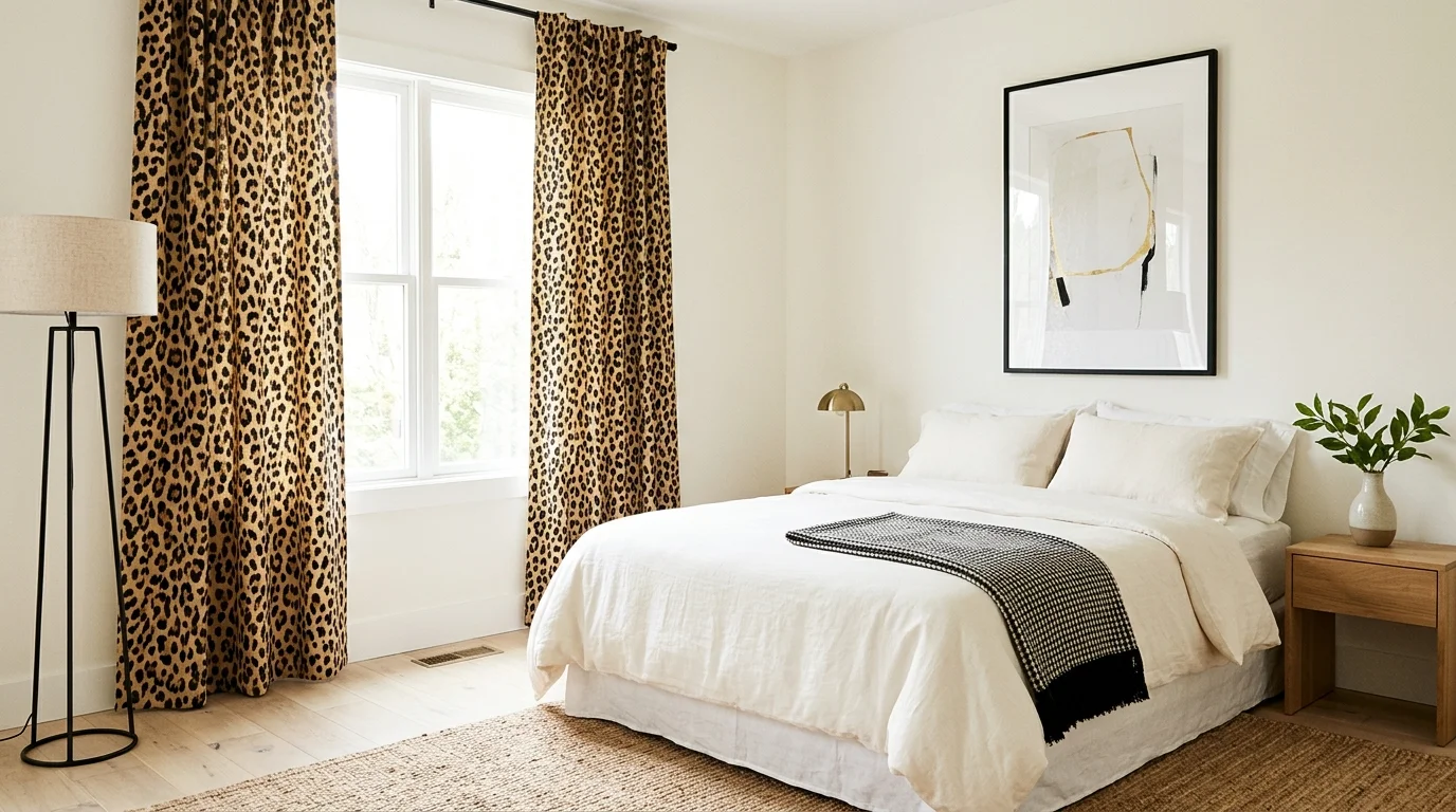 A bedroom with leopard print curtains paired with simple decor bright natural light bold elegant touch no people