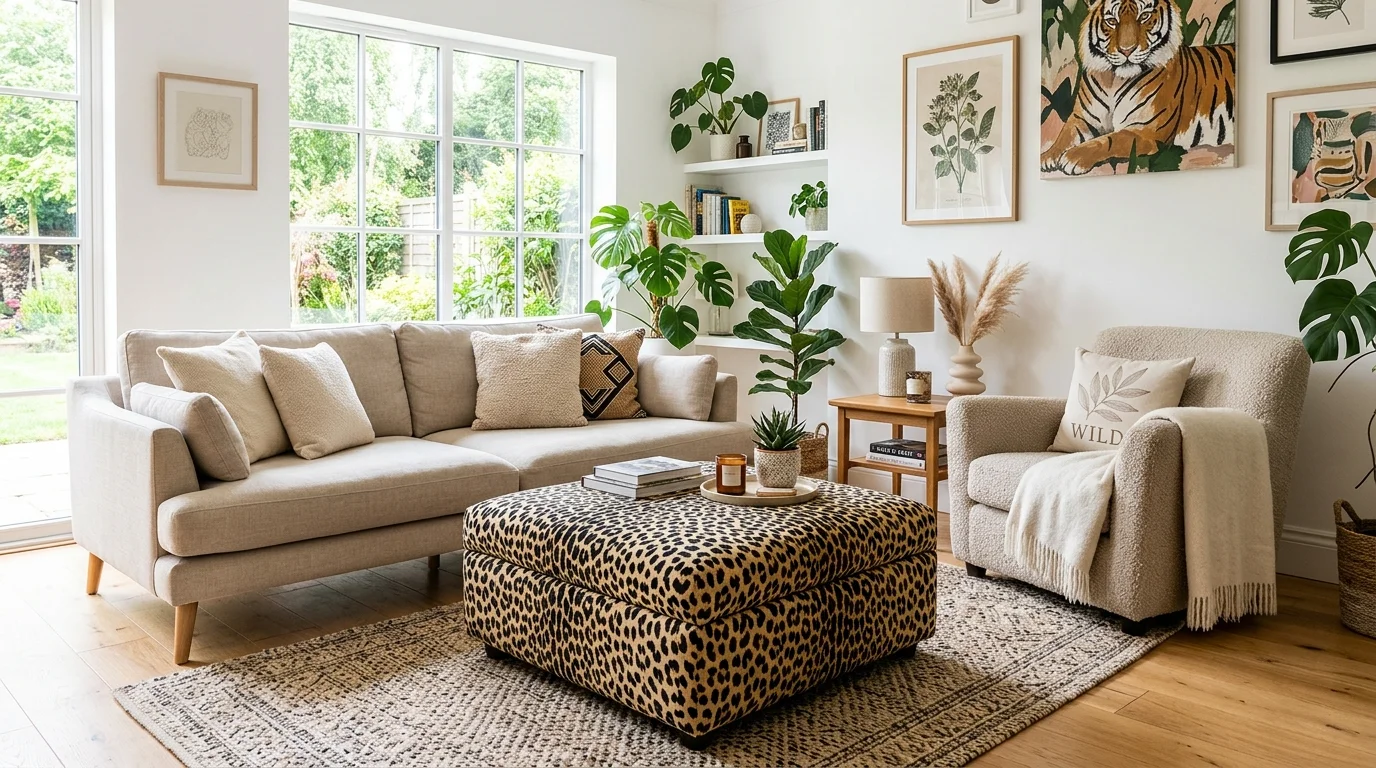 A space with leopard print ottoman paired with neutral seating bright lighting playful wild accent no people