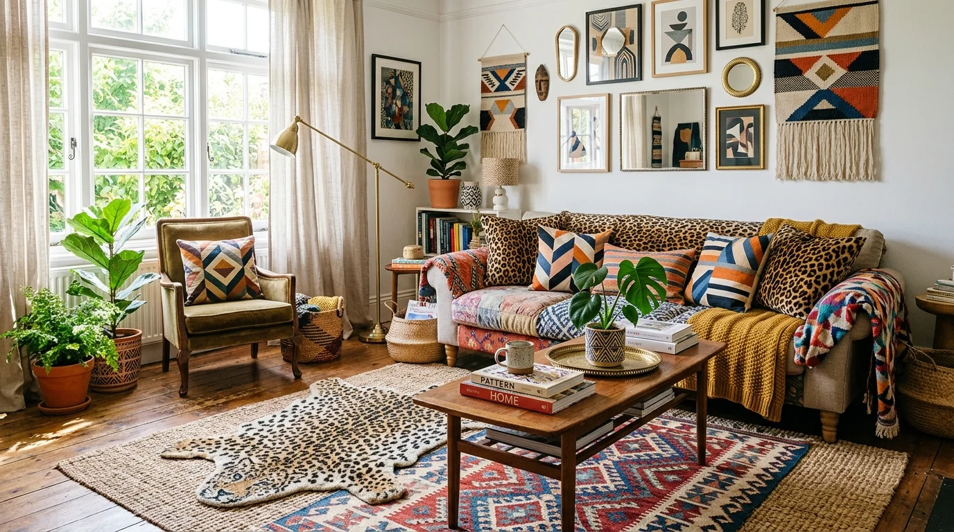 A room with a mix of patterns including leopard print and geometric designs bright natural daylight creative layered style no people
