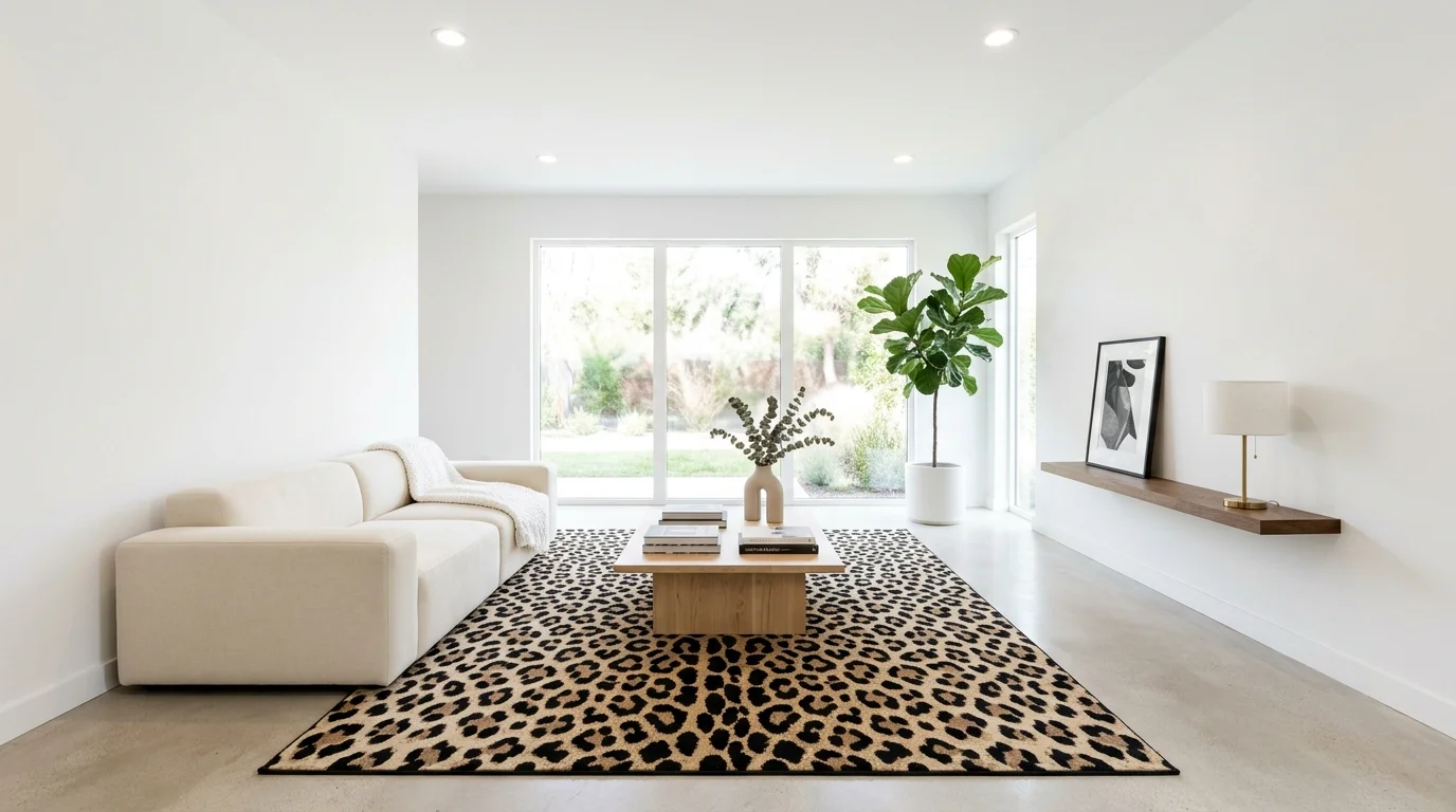 A minimalist room with a single leopard print decor piece bright lighting clean yet bold design no people