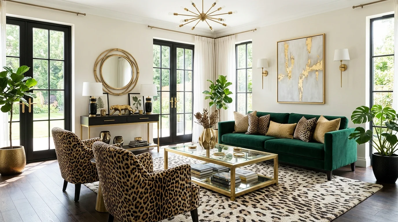A living room with leopard print decor combined with gold accents bright lighting luxurious wild aesthetic no people