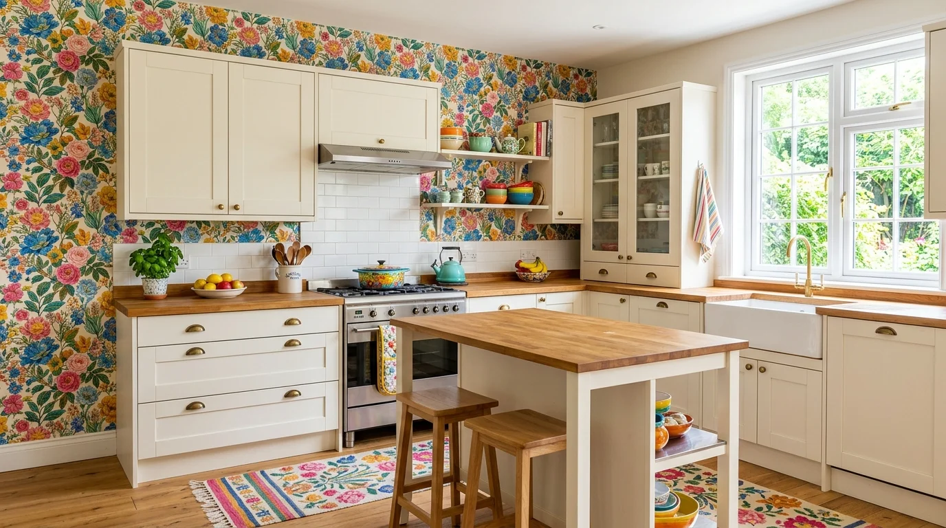 A kitchen with floral wallpaper in vibrant colors covering one accent wall paired with neutral cabinetry bright lighting cheerful lively cookspace no people