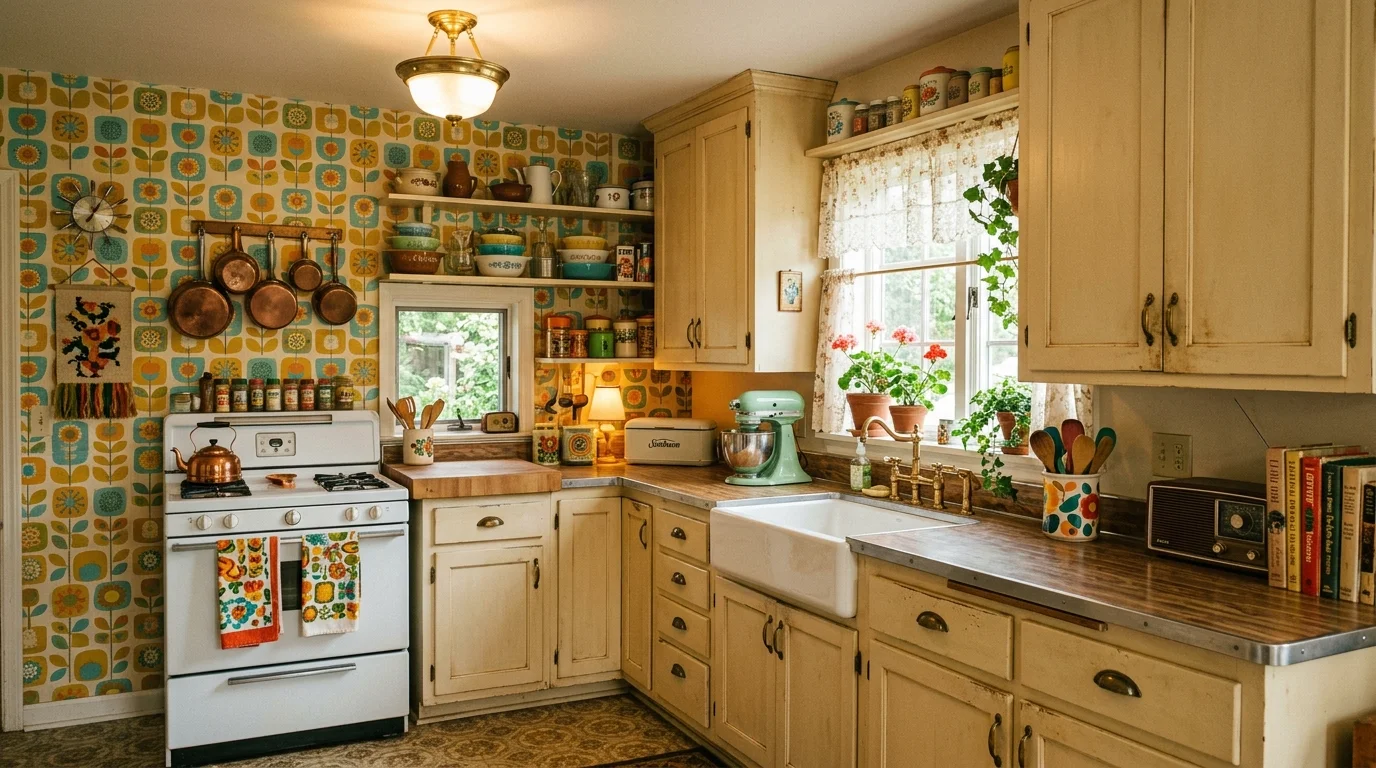 A vintage style kitchen with patterned wallpaper featuring retro motifs paired with classic cabinetry warm soft lighting nostalgic bold decor no people