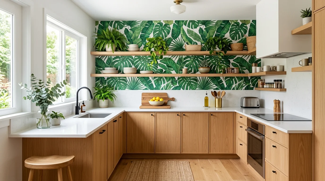 A kitchen with tropical leaf wallpaper in green tones paired with light wood cabinets bright natural light fresh bold statement no people