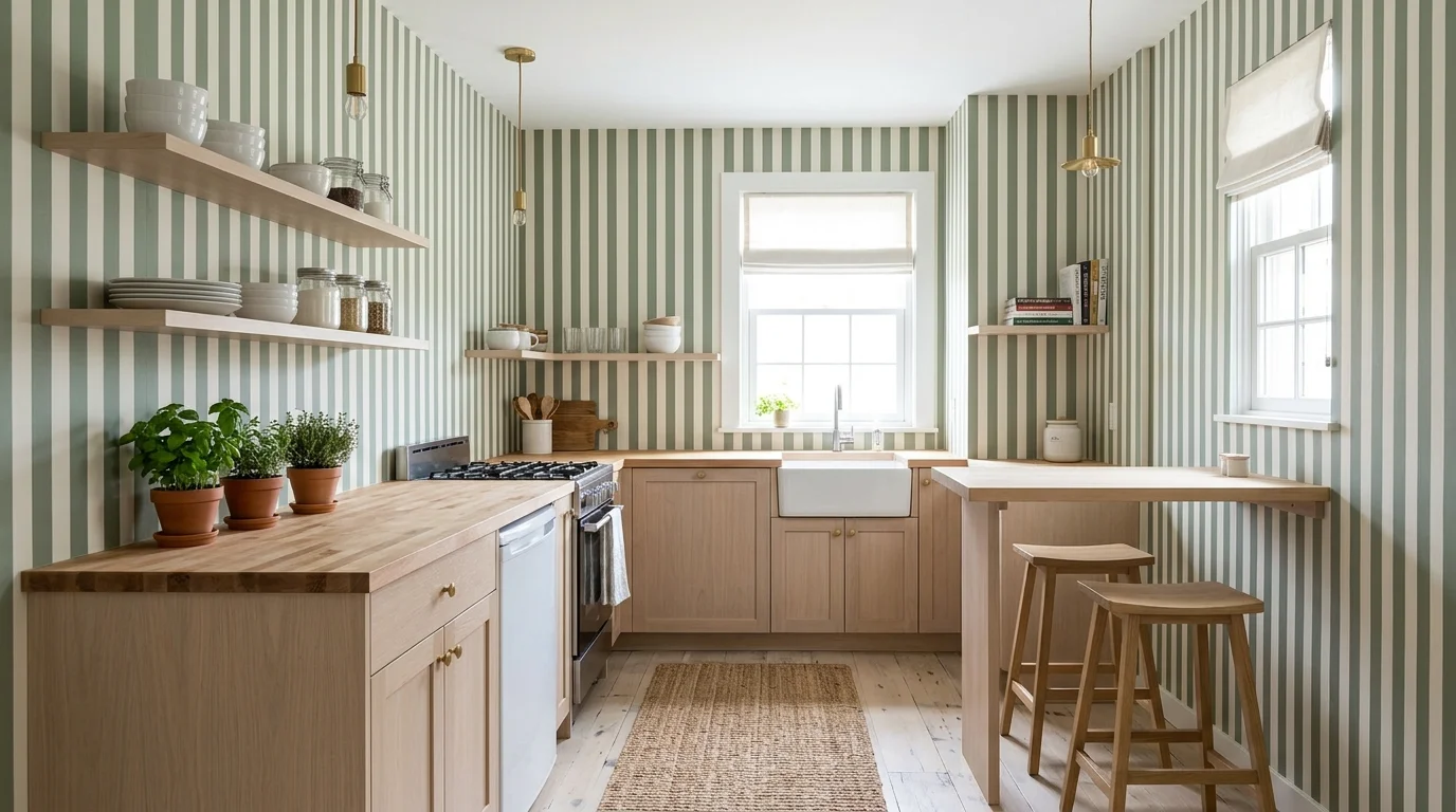 A small kitchen with striped wallpaper creating vertical visual height paired with simple decor bright lighting clever design trick no people