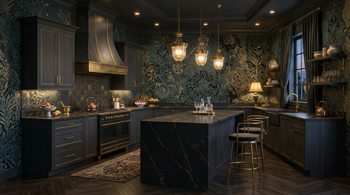 A kitchen with dark moody wallpaper featuring intricate patterns paired with gold accents soft ambient lighting dramatic luxurious look no people