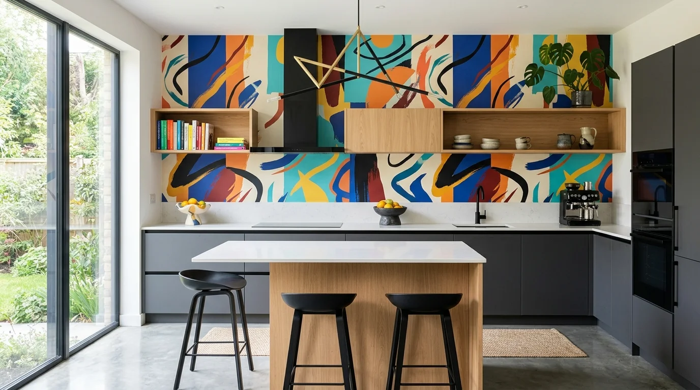 A modern kitchen with abstract wallpaper in bold colors paired with minimalist furniture bright lighting artistic expressive space no people