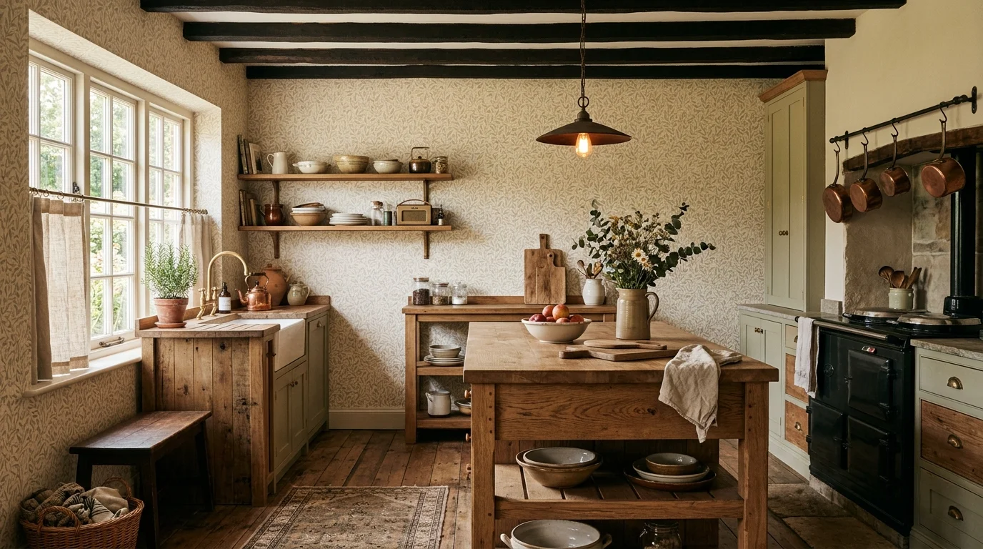 A farmhouse kitchen with subtle patterned wallpaper in soft tones paired with rustic wood elements warm lighting cozy bold charm no people