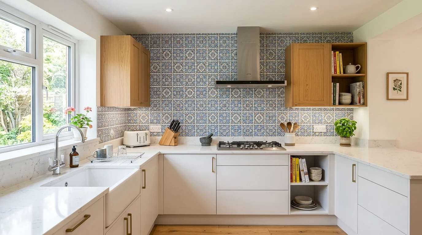 A kitchen with tile effect wallpaper creating the illusion of patterned tiles paired with clean surfaces bright lighting practical stylish solution no people