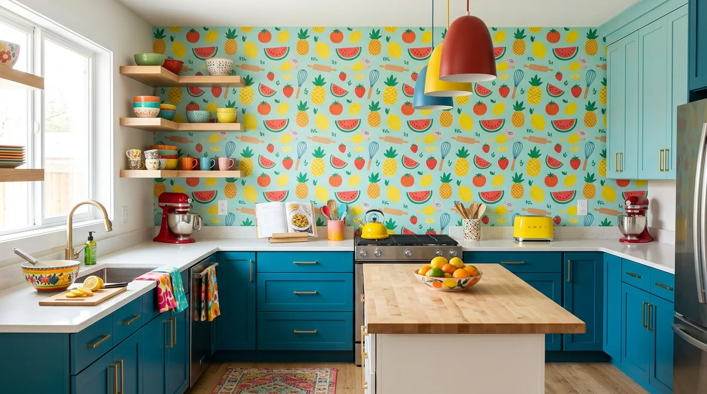 A colorful kitchen with playful wallpaper featuring fruit or food motifs bright lighting fun energetic cooking environment no people