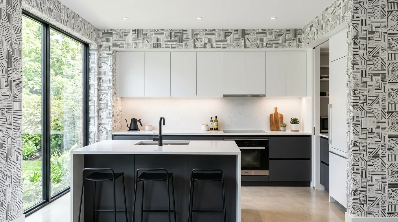 A kitchen with monochrome patterned wallpaper creating a sleek cohesive design bright lighting modern minimal style no people