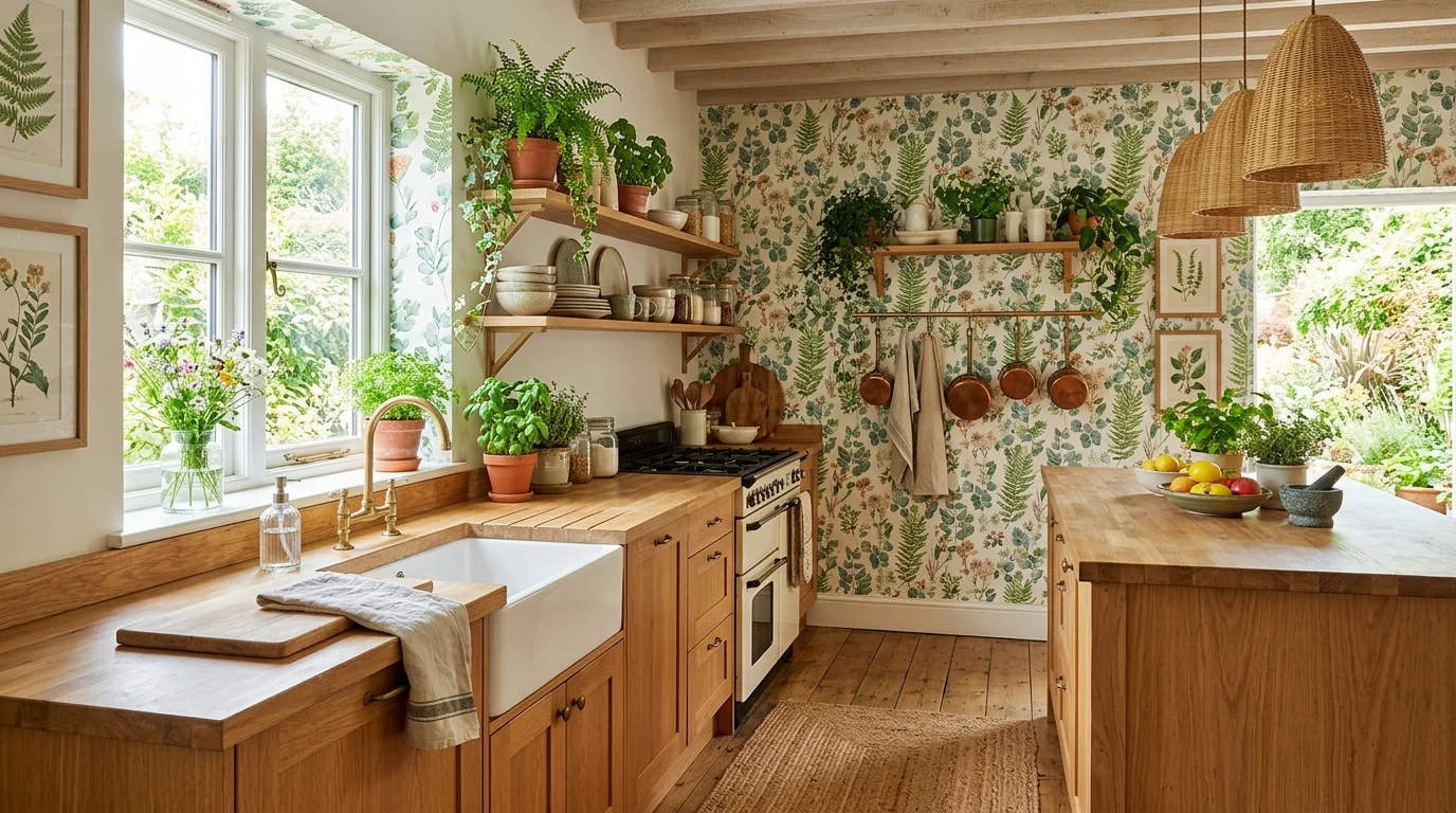 A kitchen with botanical wallpaper paired with natural wood accents bright natural light fresh vibrant atmosphere no people