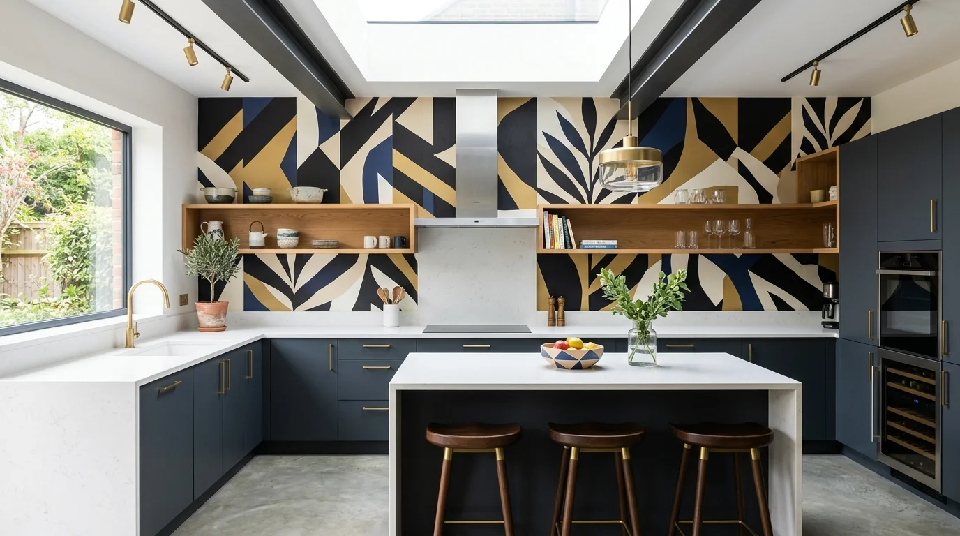 A bold kitchen with large scale graphic wallpaper making a strong visual statement bright lighting contemporary standout design no people