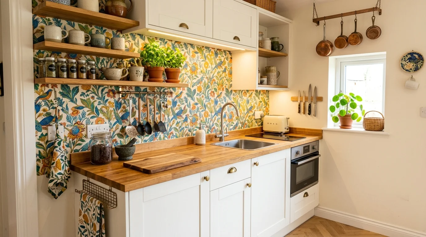 A compact kitchen with wallpaper used on a backsplash area creating a focal point bright lighting creative space saving decor no people