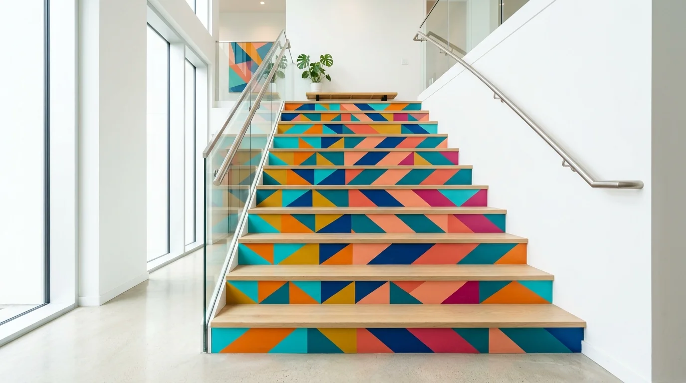 A staircase with geometric painted patterns on risers in vibrant tones contrasted with neutral steps bright lighting modern artistic statement no people