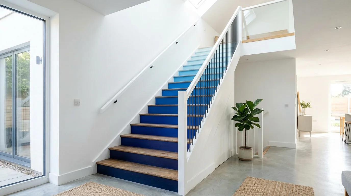 A staircase with ombre painted steps transitioning from dark to light shades of blue bright natural daylight visually striking design no people