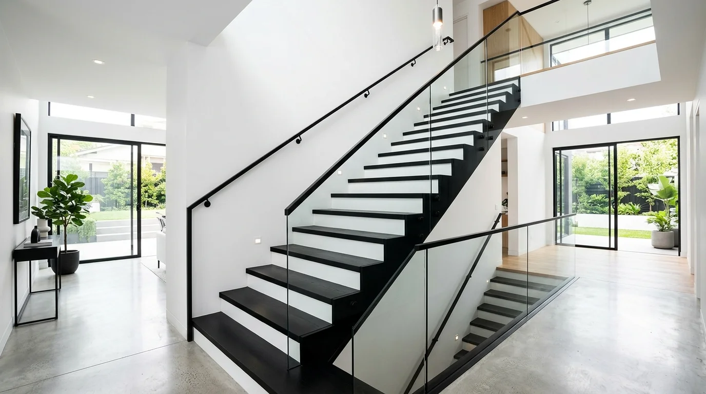 A bold black staircase with crisp white risers creating a high contrast modern look bright lighting sleek contemporary style no people