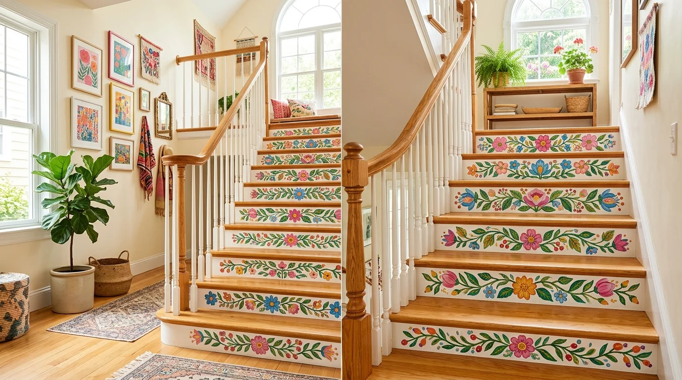 A staircase with painted floral patterns on each riser adding a colorful artistic touch bright lighting cheerful creative decor no people