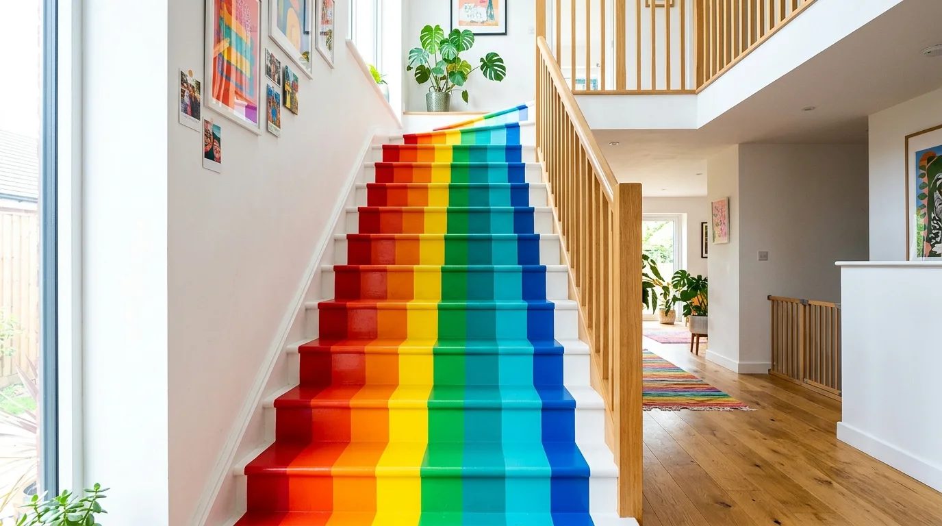 A staircase with painted stripes in multiple bold colors across each step bright lighting dynamic energetic home statement no people