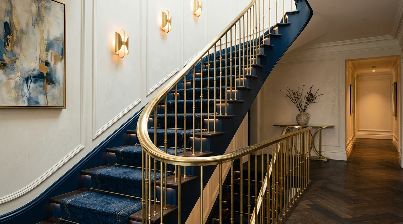 A staircase with deep navy paint paired with brass railing accents soft lighting sophisticated bold design no people