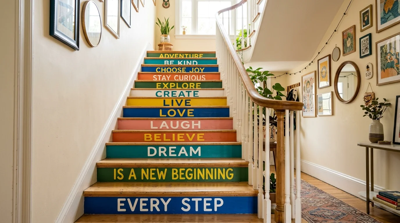 A staircase with painted quote or lettering on the risers in contrasting colors bright lighting unique personalized decor no people