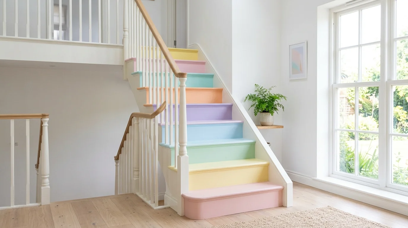 A staircase with pastel painted steps creating a soft yet colorful look paired with neutral surroundings bright natural light airy playful feel no people