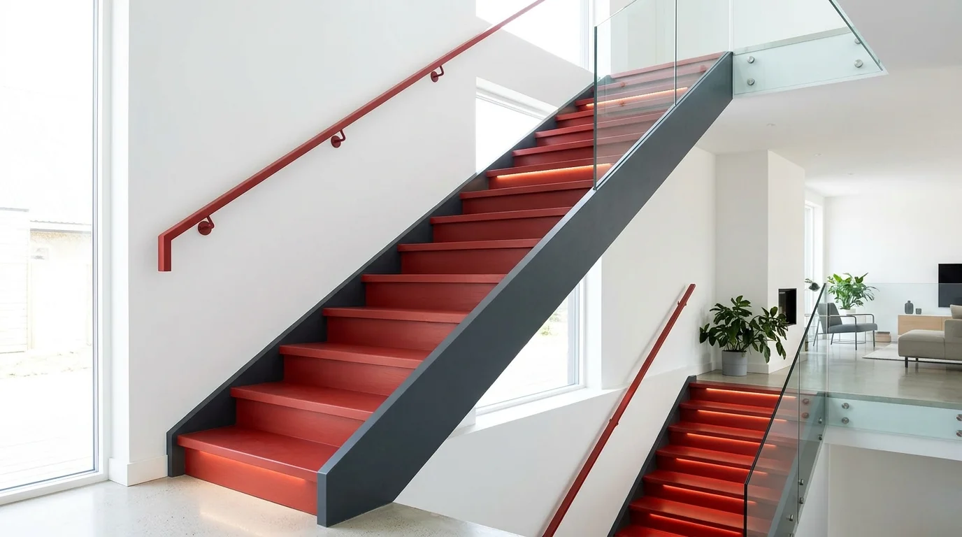 A staircase with bold red painted steps and matching accents bright lighting dramatic eye catching interior statement no people