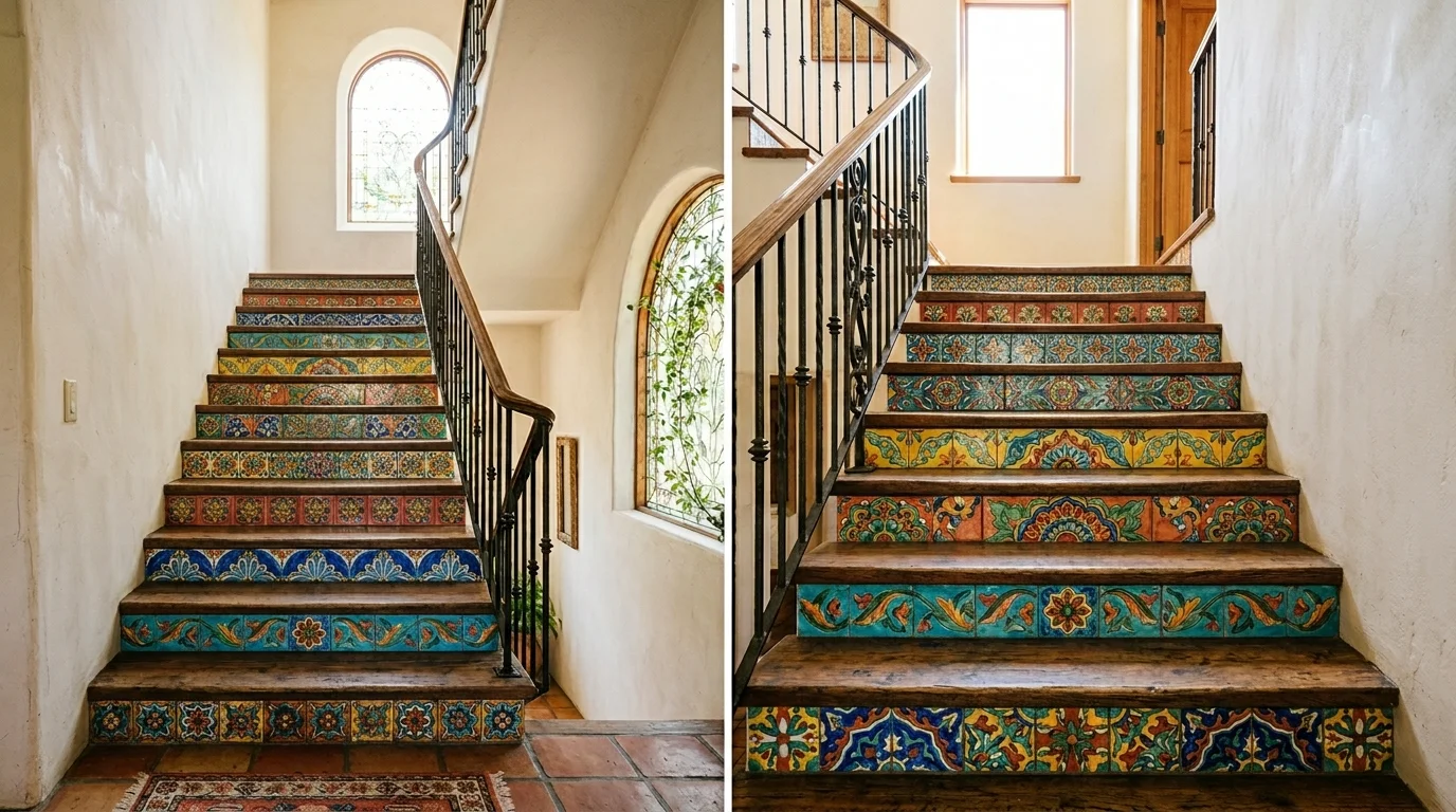 A staircase with painted tile effect patterns on risers in vibrant hues bright lighting artistic handcrafted style no people