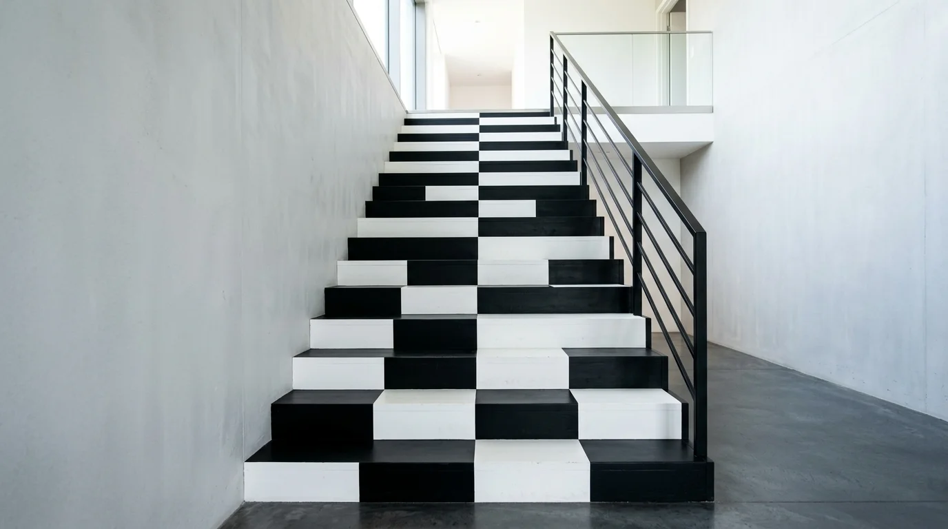 A staircase with alternating black and white painted steps creating a checkerboard effect bright lighting bold graphic design no people