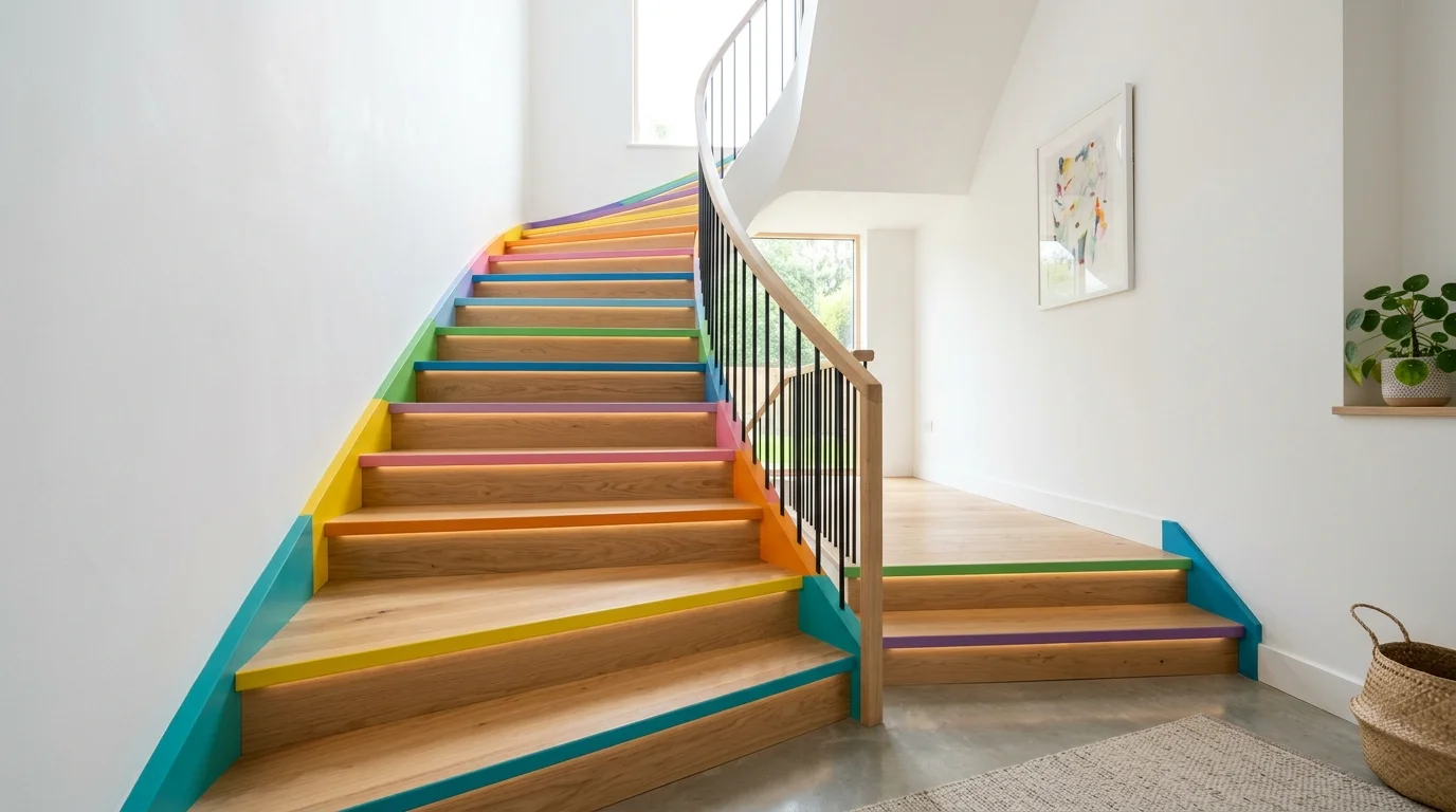 A staircase with painted edges in bright colors while keeping the center neutral bright lighting subtle yet creative accent no people