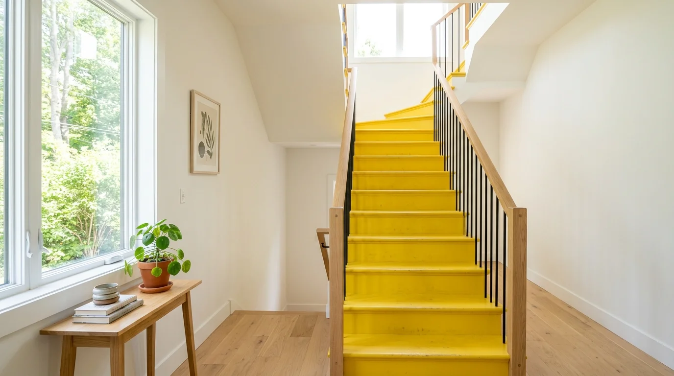 A staircase with bright yellow painted steps paired with minimal decor around it bright natural daylight cheerful bold focal point no people