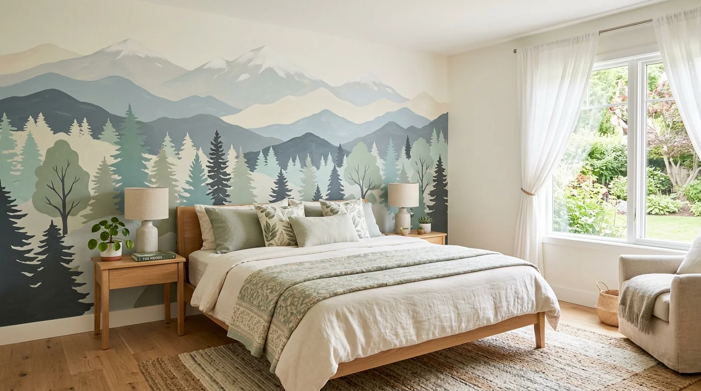 A bedroom with a nature inspired mural featuring mountains and trees in soft tones bright daylight calming yet bold design no people