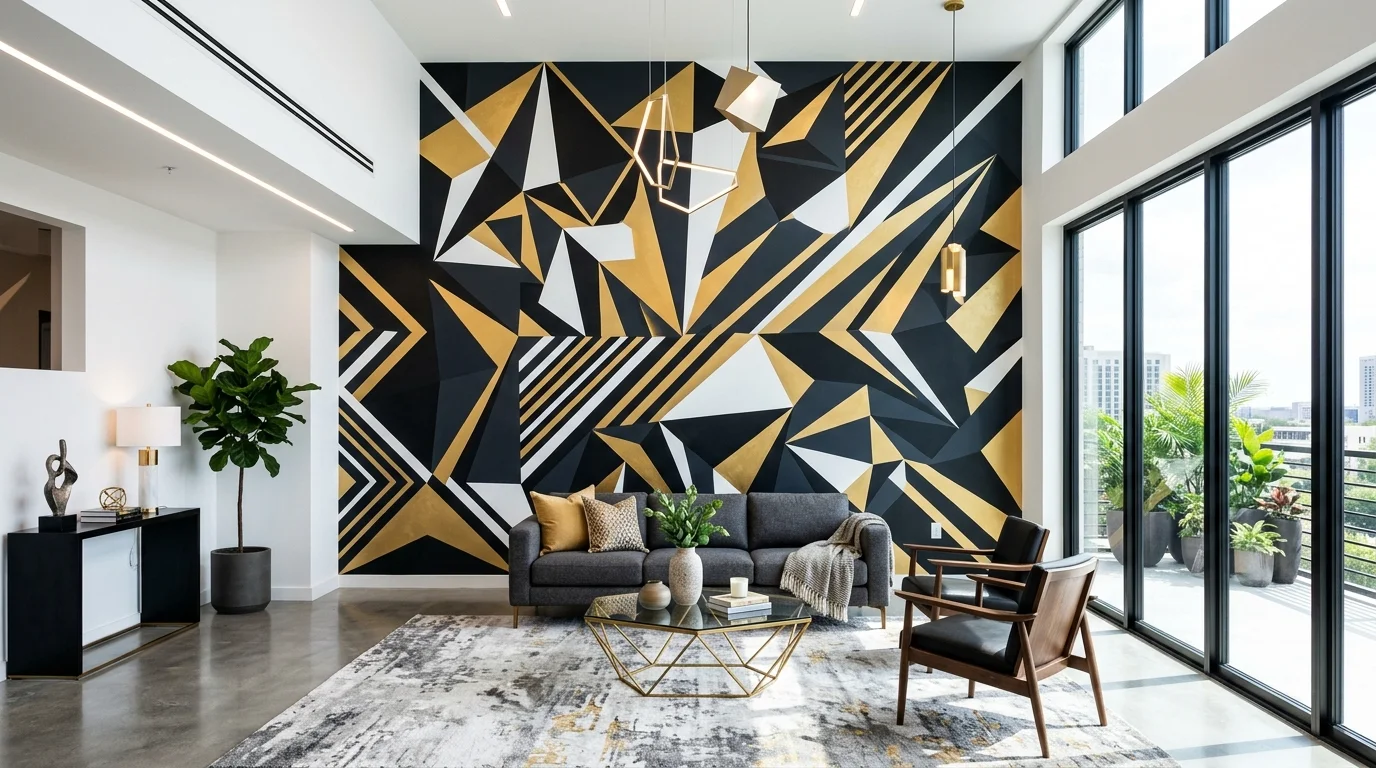A modern space with a geometric mural in black white and gold creating a dramatic focal wall bright lighting contemporary style no people