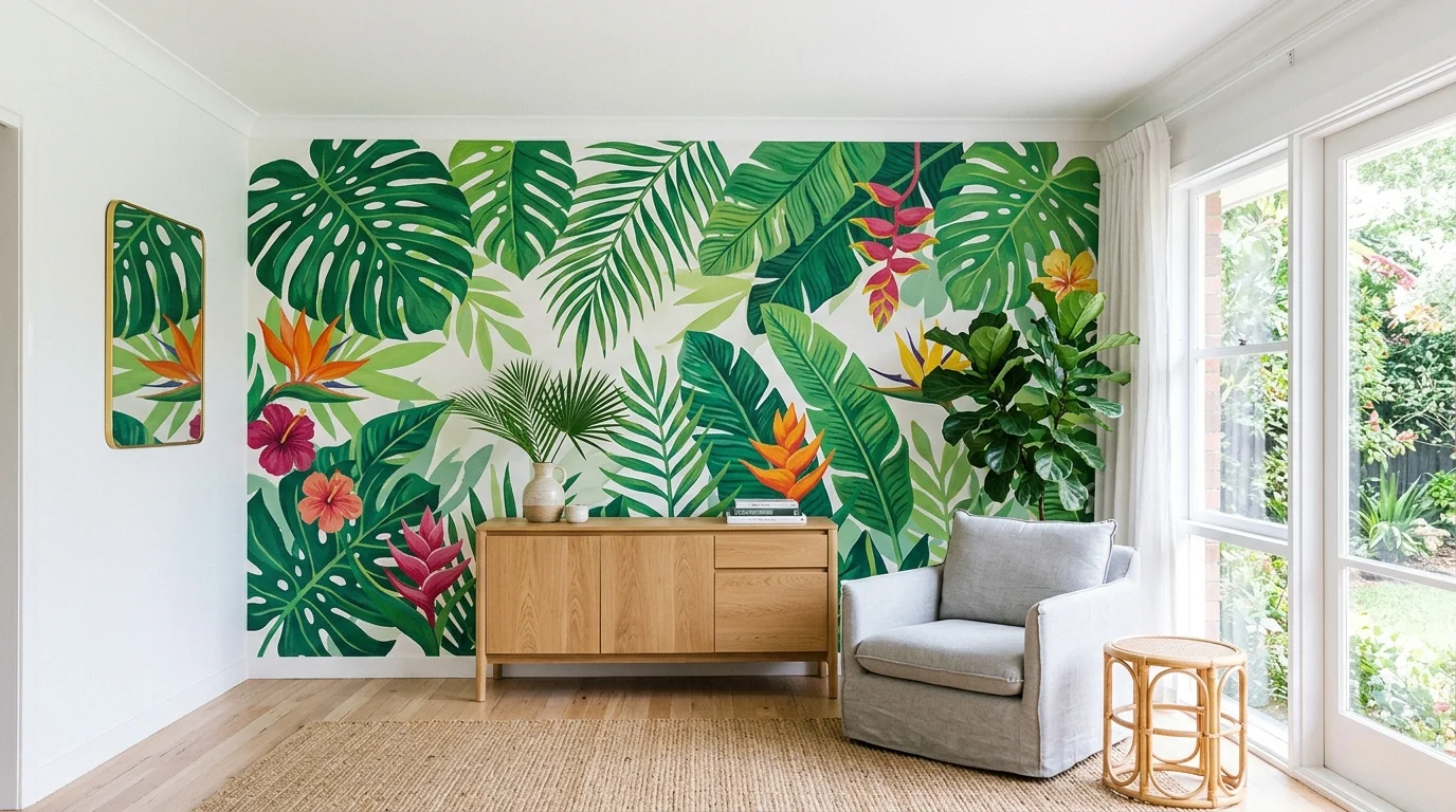 A room with a tropical mural featuring large green leaves and vibrant colors bright natural light fresh energetic atmosphere no people
