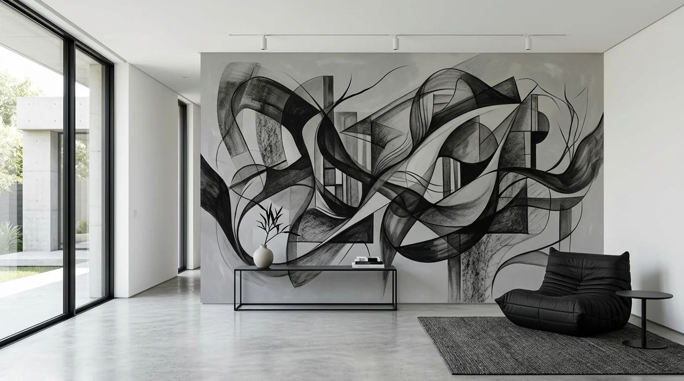 A minimalist room with a monochrome mural in black and gray tones bright lighting sleek modern statement no people